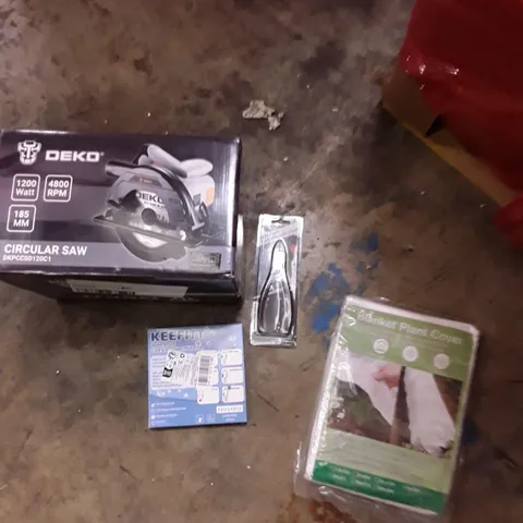 PALLET OF ASSORTED HOUSEHOLD GOODS AND PRODUCT TO INCLUDE; DEKO CIRCULAR SAW, WATERPROOF CAST & BANDAGE PROTECTOR, BLANKET PLANT COVER, PROFESSIONAL WIRE CUTTER ETC