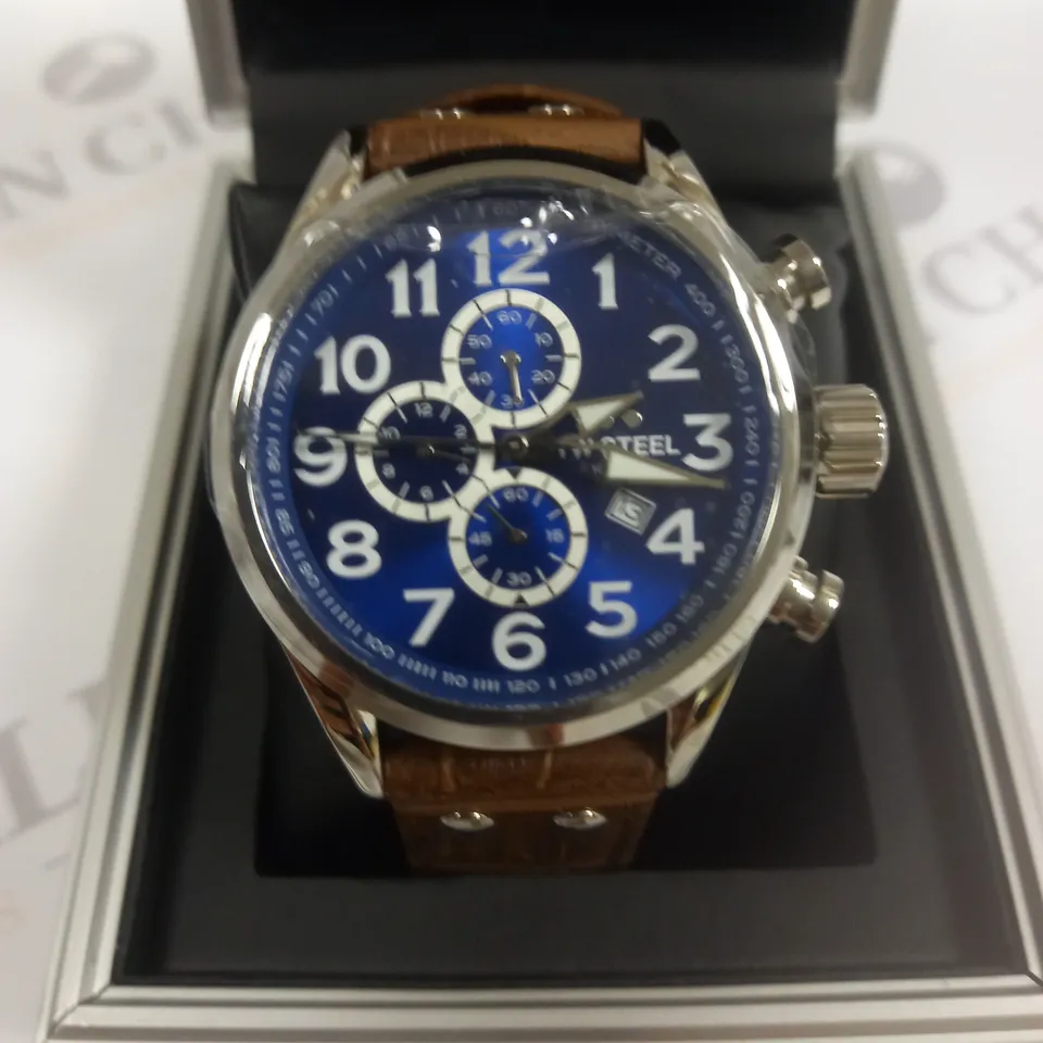 BOXED TW STEEL GENTS VOLANTE CHRONOGRAPH 45MM WATCH WITH LEATHER STRAP