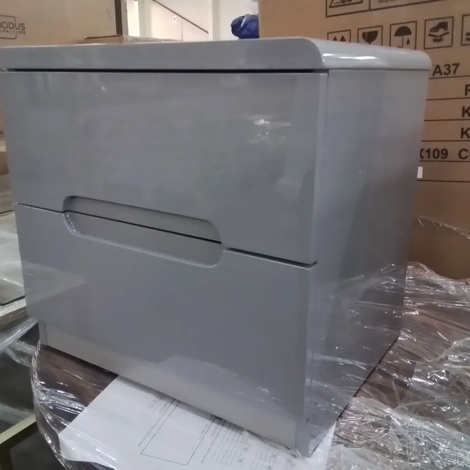 GREY GLOSS FINISH TWO DRAWER BEDSIDE TABLE