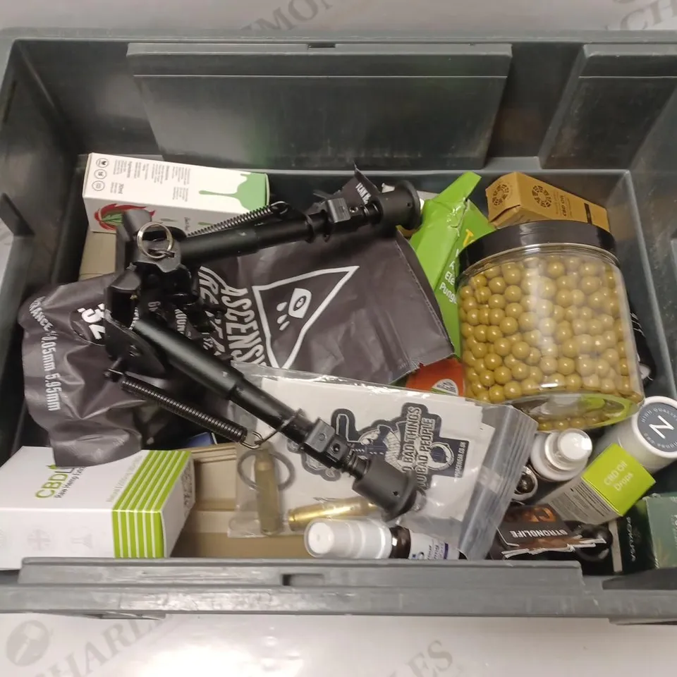LOT OF APPROXIMATELY 30 ASSORTED CBD OILS AND BB GUN PARTS/AMMUNTION TO INCLUDE ASCENSION RESEARCH 6MM BB ROUNDS (3000), CANNARY CBD OIL DROPS, DR WATSON 4000mg CBD OIL, ETC