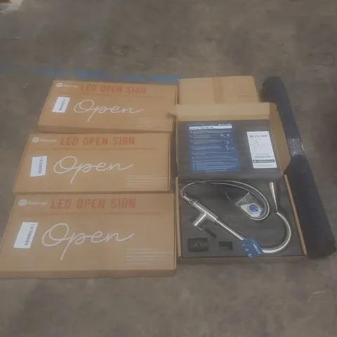 PALLET OF ASSORTED HOUSEHOLD GOODS AND PRODUCTS TO INCLUDE; LED OPEN SIGNS, KITCHEN FAUCET, RUGS, BOXED FURNITURE ETC