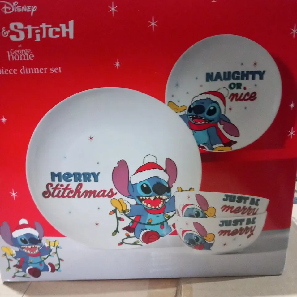 TWO BRAND NEW BOXED DISNEY LILO AND STITCH 12 PIECE CHRISTMAS DINNER SETS TO INCLUDE; 4 DINNER PLATES, 4 SIDE PLATES AND 4 CEREAL BOWLS