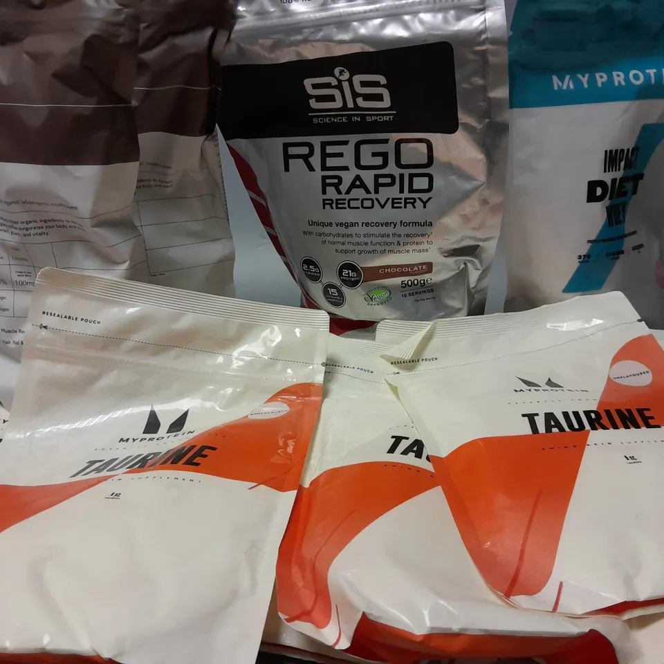 APPROXIMATELY 15 ASSORTED SUPPLEMENT PRODUCTS TO INCLUDE SIS REGO RAPID RECOVERY (500g), MYPROTEIN IMPACT DIET WHEY (250g), MYPROTEIN TAURINE (250g), ETC