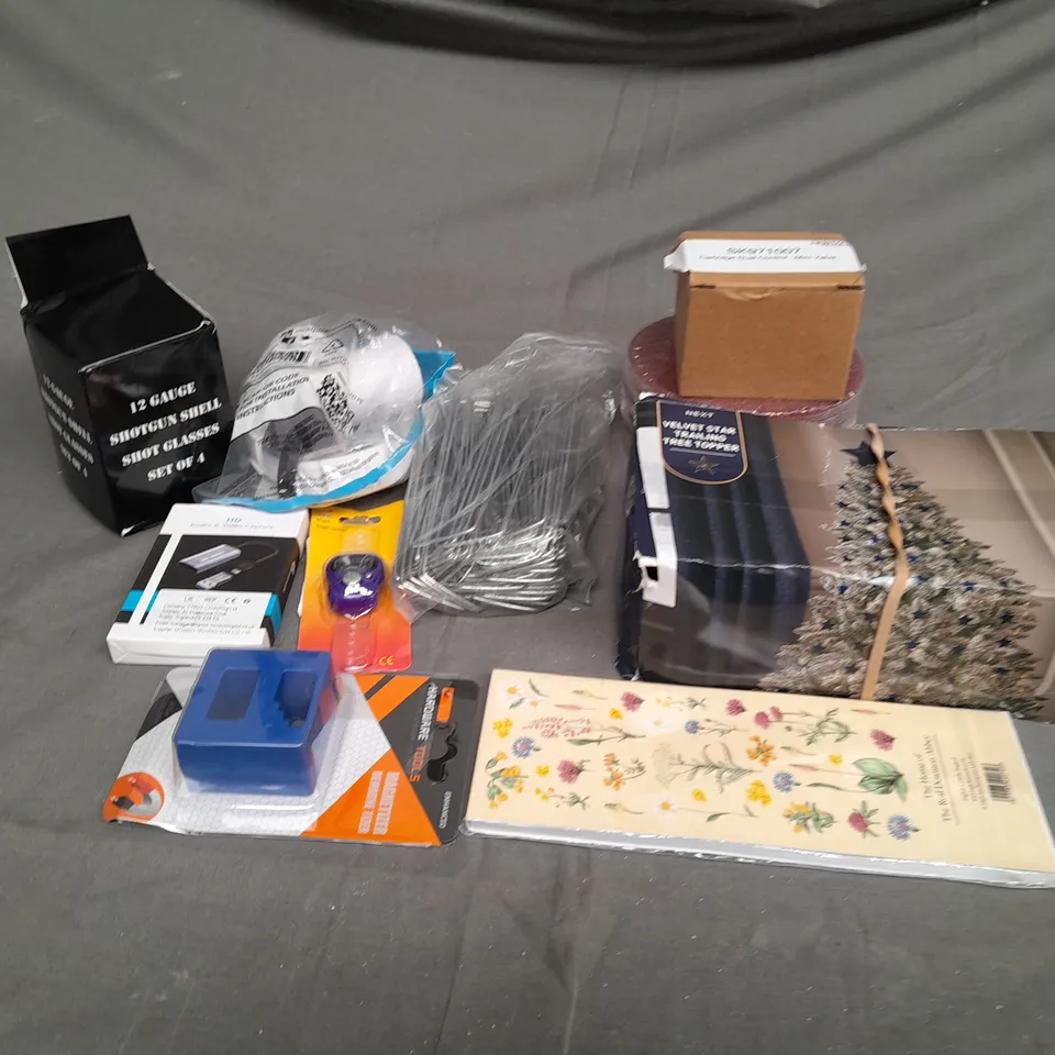 BOX OF ASSORTED HOUSEHOLD ITEMS TO INCLUDE SHOTGUN SHOT GLASS, TREE TOPPER AND MAGNETIZER
