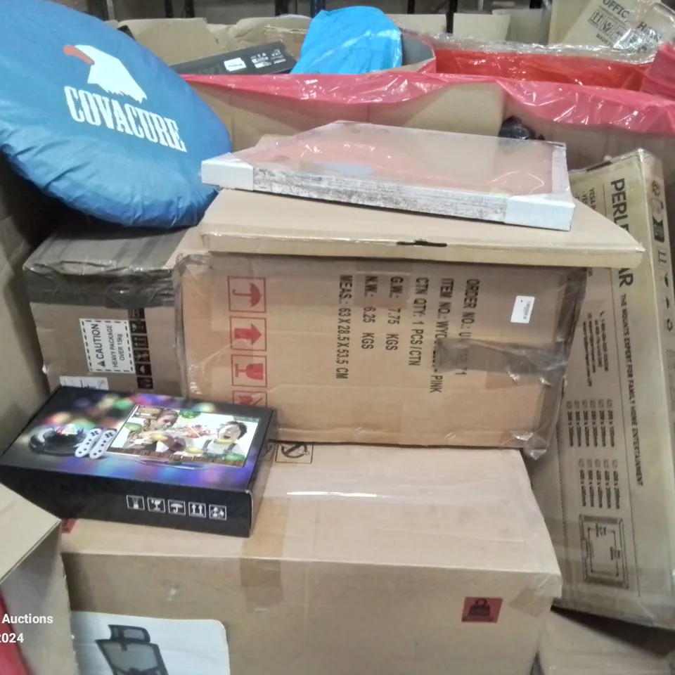 PALLET CONTAINING VARIOUS BOXED MIXED ITEMS TO INCLUDE: OFFICE CHAIRS, TV WALL MOUNTS, CRYSTAL BALL TV GAME, PICTURE FRAMES ETC.