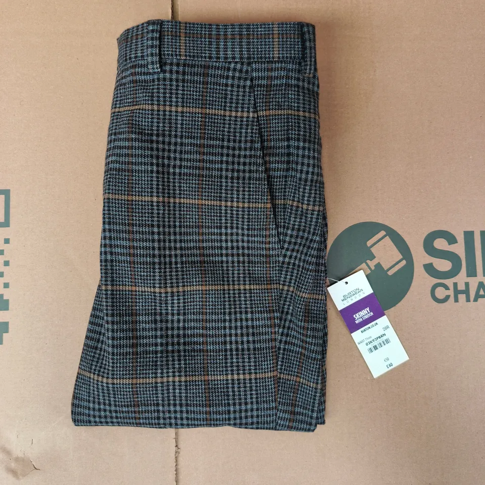 BURTON MENSWEAR LONDON SKINNY WITH STRETCH PLAID TROUSERS IN BROWN MULTI SIZE 28R