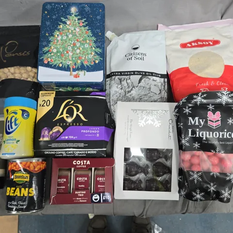 LOT OF 12 ASSORTED FOOD AND DRINK ITEMS TO INCLUDE OLIVE OIL, LIQUORICE AND COSTA DUSTING TRIO