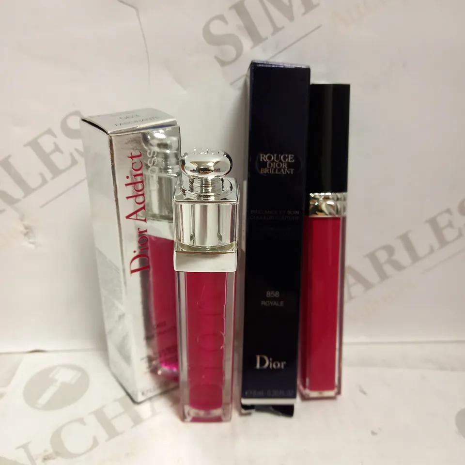 LOT OF 2 DIOR MAKEUP PRODUCTS TO INCLUDE DIOR ADDICT GLOSS - 063 FASCINANTE & DIOR ROUGE BRILLIANT LIPSHINE LIPGLOSS - 858 ROYALE