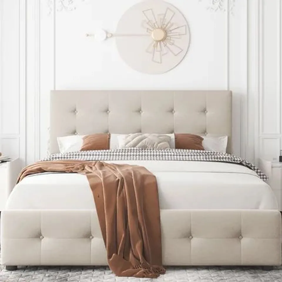 BOXED YVOIRE UPHOLSTERED PLATFORM BED IN BIEGE // SIZE: 140 X 200CM (2 BOXES)