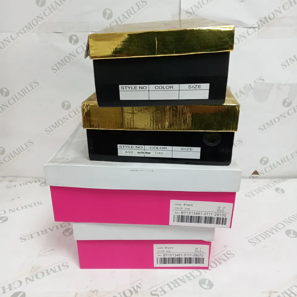 4 BOXED PAIRS OF SHOES TO INCLUDE JUSTFAB BRYARA GREY KNEE HIGH BOOTS SIZE 8, SPRIER SILVER HEELED SANDALS SIZE 37