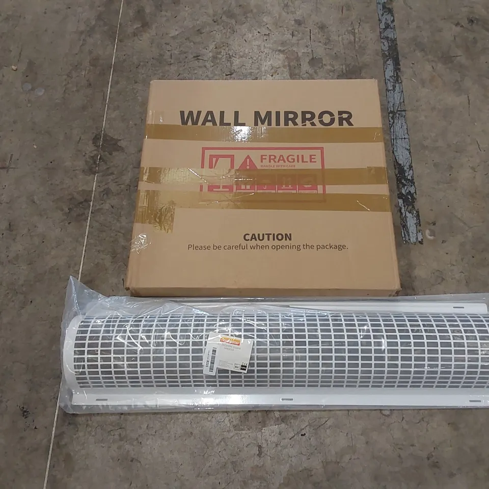 PALLET OF ASSORTED HOUSEHOLD ITEMS AND CONSUMER PRODUCTS. INCLUDES; HEATER GUARD, OFFICE CHAIR, WALL MIRROR, CHRISTMAS TREE, BOXED FURNITURE ETC 