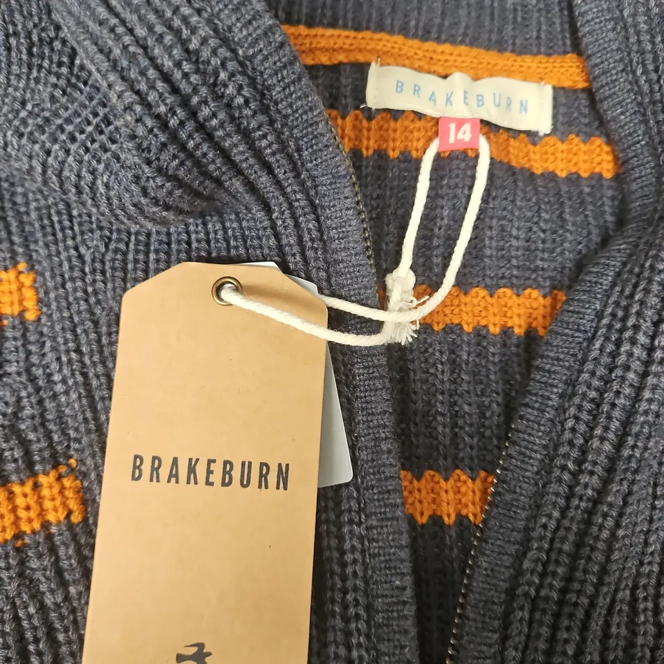BRAKEBURN KNIT CARDIGAN – NAVY WITH ORANGE STRIPES, WOMEN'S SIZE 14