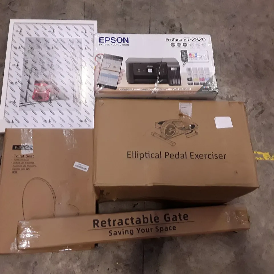 PALLET OF ASSORTED PRODUCTS INCLUDING ELLIPTICAL PEDAL EXERCISER, RETRACTABLE GATE, TOILET SEAT, EPSON PRINTER, FRAMED TRAIN PRINT