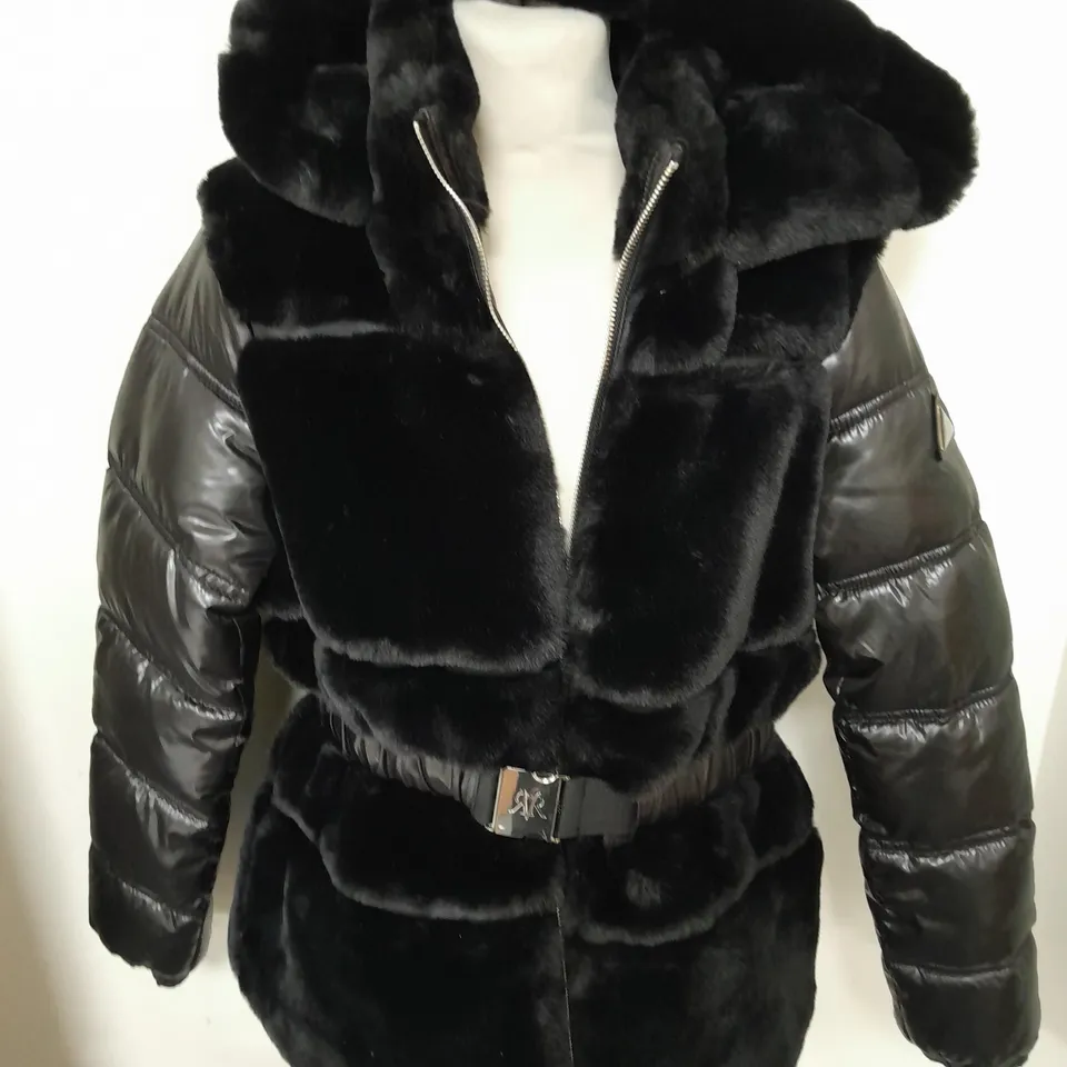 RIVER ISLAND CONTRAST SLEEVED BLACK HOODED COAT - 12