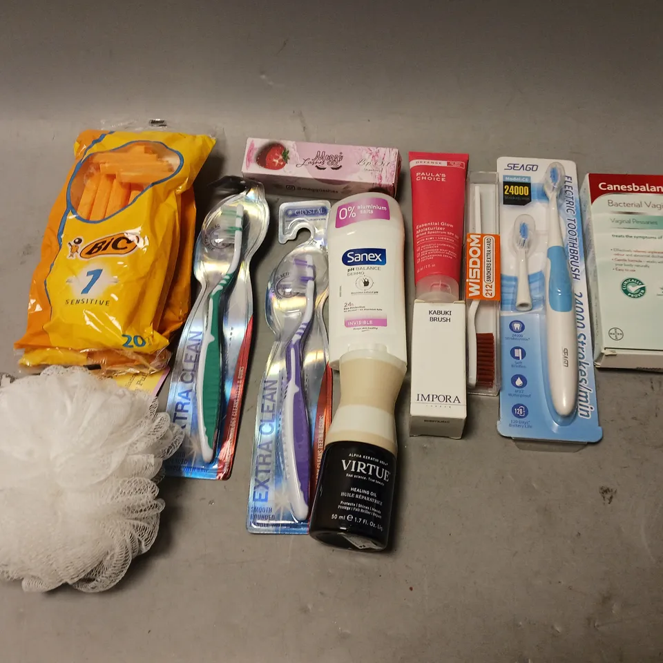 BOX OF APPROXIMATELY 15 COSMETIC ITEMS TO INCLUDE GIVE ME SHAMPOO, BIOLABS SHAMPOO, AND SHEA BUTTER SOAP ETC. 