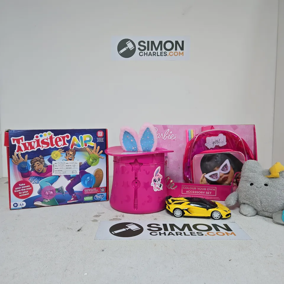 BOX OF APPROXIMATELY 10 ASSORTED TOYS INCLUDING TWISTER AIR, BARBIE COLOUR YOUR OWN ACCESSORY SET AND 360 RC STUNT CAR