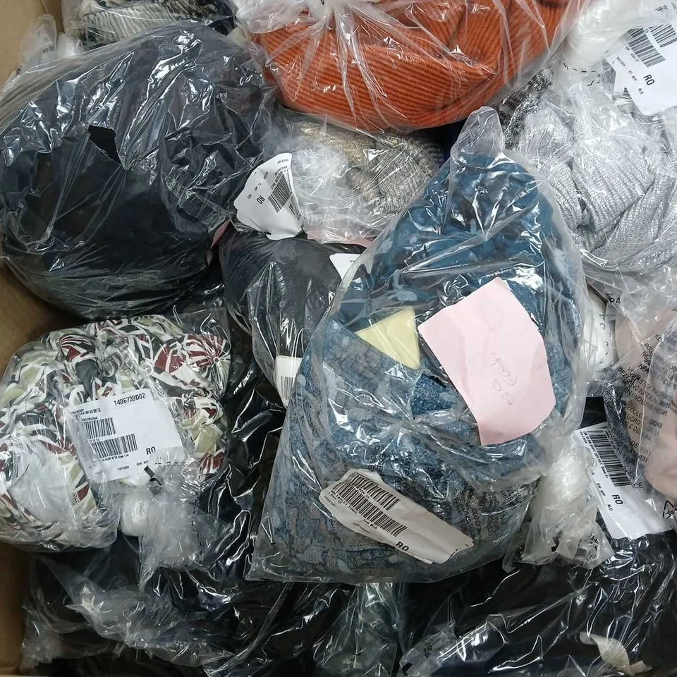 BOX OF APPROXIMATELY 18 ASSORTED CLOTHING ITEMS IN VARIOUS COLOURS , SIZES & STYLES