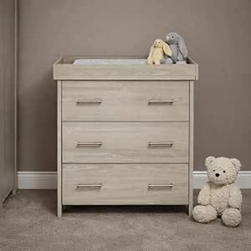 BOXED OBABY NIKA CHANGING UNIT – GREY WASH, 3 DRAWER NURSERY CHANGER WITH REMOVABLE CHANGING TOP (2 BOXES)