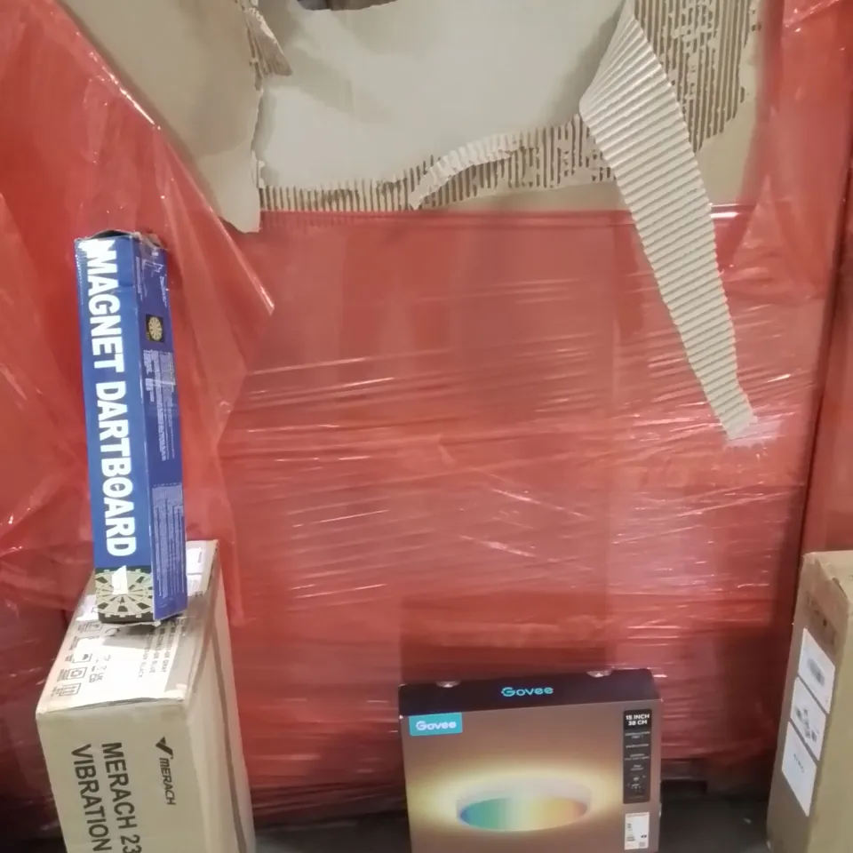 PALLET OF ASSORTED HOUSEHOLD GOODS AND PRODUCTS TO INCLUDE;GOVEE LIGHT,VIBRATION PLATE,MAGNETIC DARTBOARD 