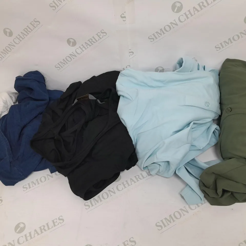 LARGE BOX OF ASSORTED CLOTHING ITEMS TOO INCLUDE TOPS , TROUSERS AND JUMPERS COMING IN DIFFERENT COLOURS AND SIZES 