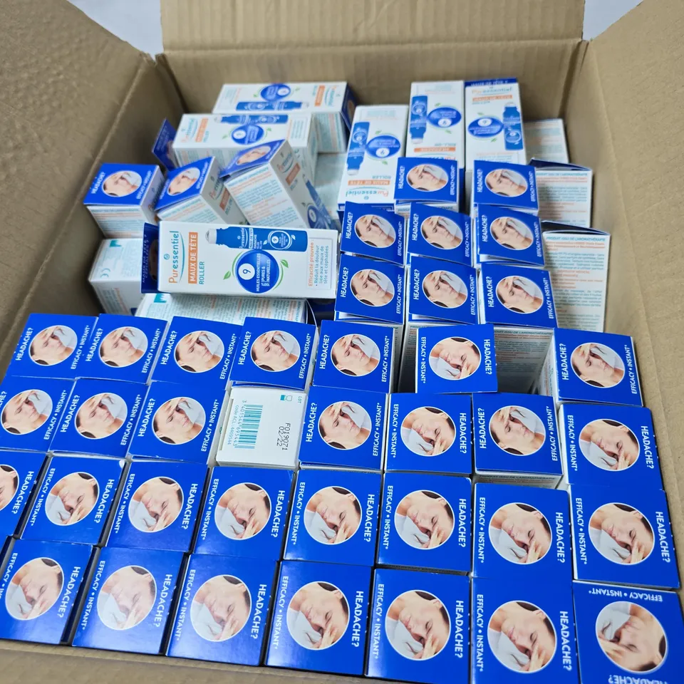 BOX OF APPROXIMATELY 140 X PURESSENTIEL HEADACHE ROLL-ON – 9 ESSENTIAL OILS - EXP DATE 2 / 22