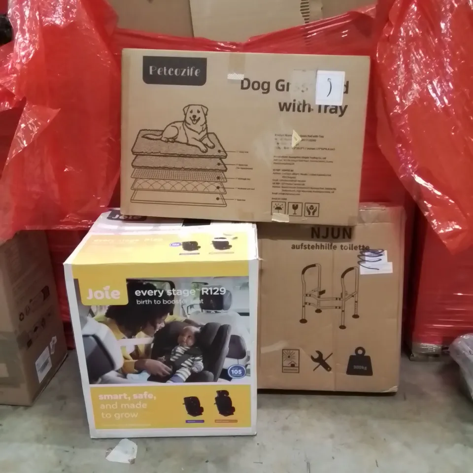 PALLET OF ASSORTED HOUSEHOLD GOODS AND PRODUCTS TO INCLUDE;BOOSTER SEAT,DOG MAT,TOILET ASSIST RAIL