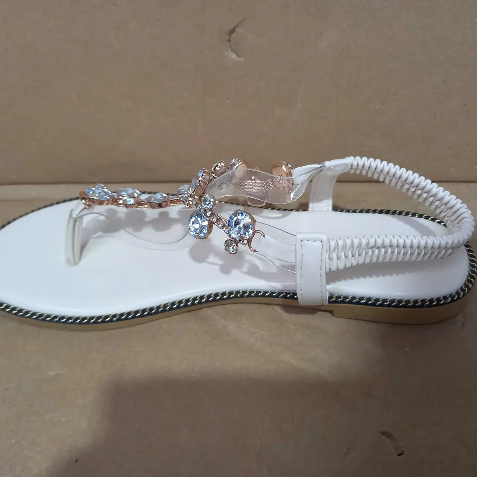 BOXED PAIR OF DESIGNER JEWEL EFFECT FLAT SANDALS IN BEIGE EU SIZE 39