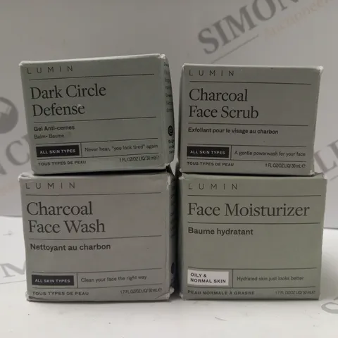 BOX OF 4 ASSORTED LUMIN PRODUCTS TO INCLUDE DARK CIRCLE DEFENSE, CHARCOAL FACE WASH, CHARCOAL FACE SCRUB, FACE MOISTURIZER 