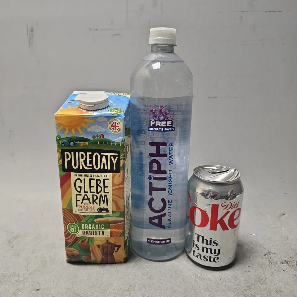 APPROXIMATELY 7 ASSORTED DRINKS ITEMS TO INCLUDE - DIET COKE , ACTIPH WATER , PUREOATY GLEBE FARM ORAGNIC BARISTA ETC