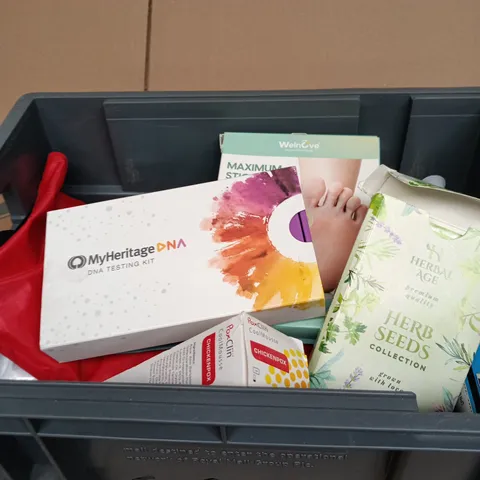 TOTE OF APPROXIMATELY 10 ASSORTED ITEMS INCLUDING POXCLIN COOLMOUSSE, HERBAL AGE HERB SEEDS COLLECTION AND WELNOVE CALLUS CUSHION