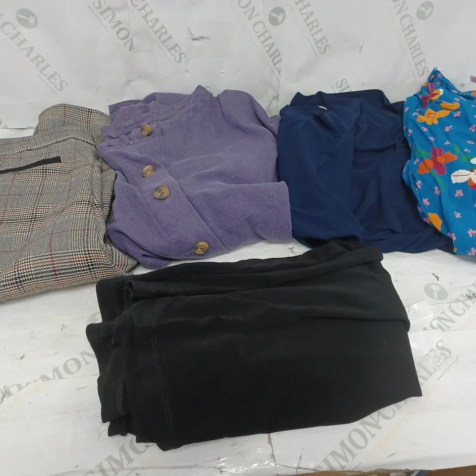 LARGE BOX OF ASSORTED CLOTHING ITEMS TOO INCLUDE TOPS , DRESSES AND TROUSERS COMING IN DIFFERENT COLOURS AND SIZES 