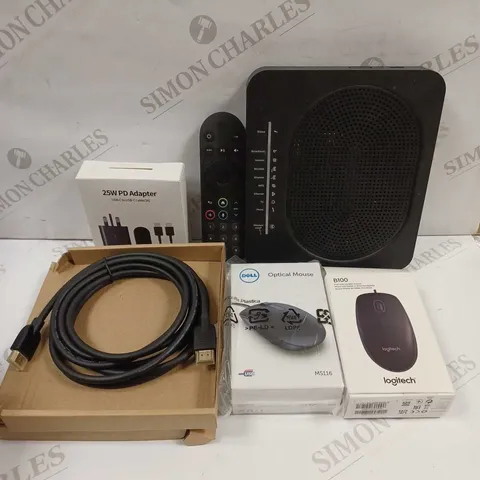 BOX TO CONTAIN APPROX 25 X ASSORTED TECH PRODUCTS. INCLUDES COMPUTER MOUSE, CABLES, REMOTE, ROUTER ETC