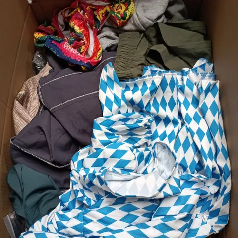 BOX OF APPROXIMATELY 25 ASSORTED CLOTHING ITEMS IN VARIOUS STYLES , COLOURS AND SIZES