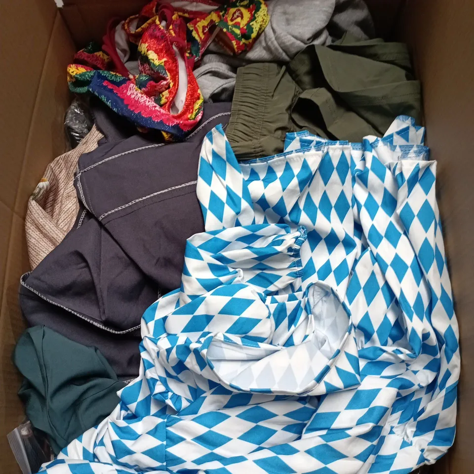 BOX OF APPROXIMATELY 25 ASSORTED CLOTHING ITEMS IN VARIOUS STYLES , COLOURS AND SIZES