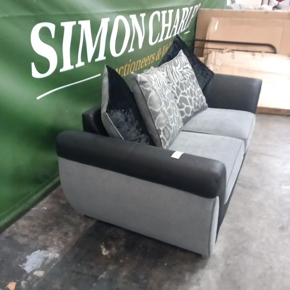 DESIGNER GREY FABRIC AND BLACK SUEDE EFFECT TWO SEATER SOFA WITH SCATTER CUSHIONS