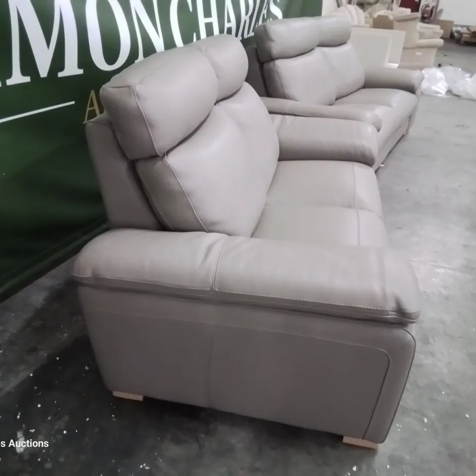 DESIGNER ITALIAN MADE MERRY DUE DOVE GREY LEATHER ELECTRIC RECLINING THREE SEATER SOFA AND FIXED TWO SEATER SOFA