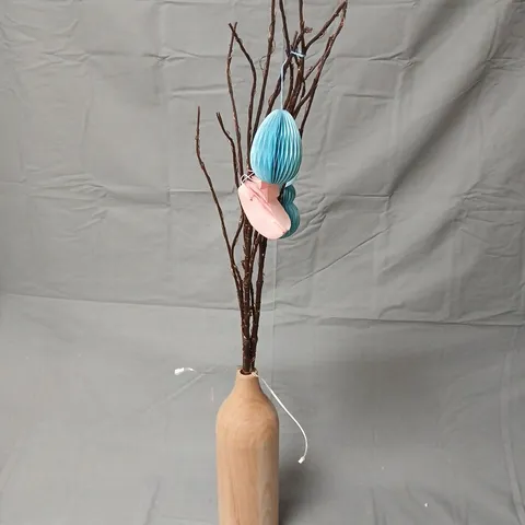 WOODEN VASE WITH LED BRANCHES AND DECORATIVE HANGING ORNAMENTS