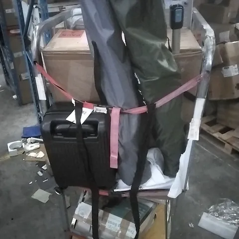 CAGE CONTAININ ASSORTED HOUSEHOLD GOODS WHICH INCLUDE; SUITCASE, HOOVER, CAMPING CHAIRS, ETC