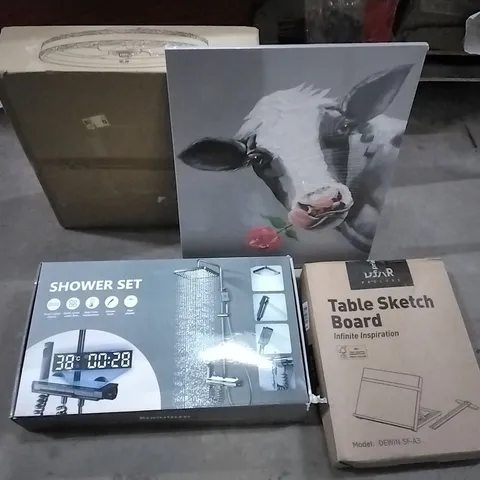 PALLET OF HOUSEHOLD ITEMS TO INCLUDE CEILING LIGHT WITH FAN,WRAPPED COW WITH ROSE ART CANVAS,SHOWER SET,TABLE SKETCH BOARD AND OTHER ASSORTED ITEMS...