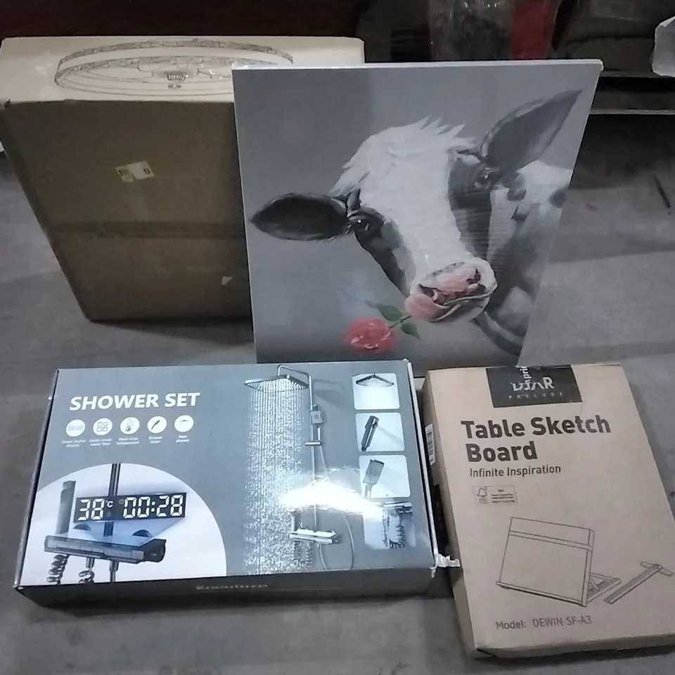 PALLET OF HOUSEHOLD ITEMS TO INCLUDE CEILING LIGHT WITH FAN,WRAPPED COW WITH ROSE ART CANVAS,SHOWER SET,TABLE SKETCH BOARD AND OTHER ASSORTED ITEMS...