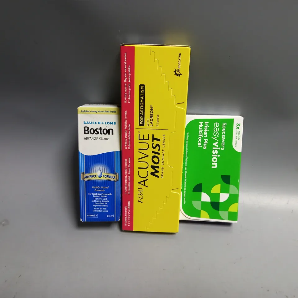 APPROXIMATELY 30 ASSORTED CONTACT LENS PRODUCTS TO INCLUDE SPECSAVERS EASY VISION IRISAN PLUS MULTIFOCAL MONTHLY CONTACT LENSES, ACUVUE 1-DAY MOIS BRAND CONTACT LENSES 5PCS, BAUSCH & LOMB BOSTON ADVAN