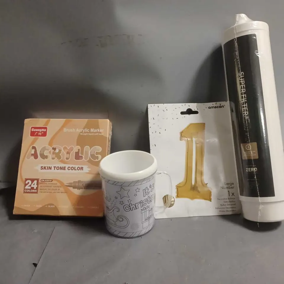 APPROXIMATELY 13 ASSORTED ITEMS TO INCLUDE - CHRISTMAS MUG , 1 BALLOON , ACRYLIC SKIN TONE COLOUR ETC