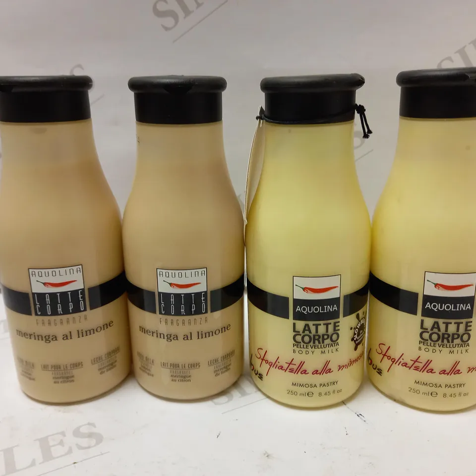 LOT OF 12 X 250ML ASSORTED AQUOLINA MERINGA AL LIMONE & MIMOSA PASTRY BODY MILK