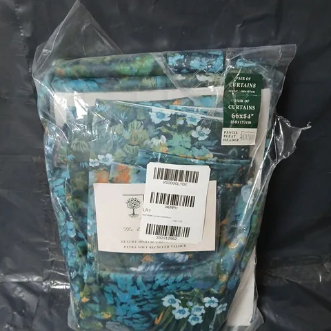 GARDEN WALK PENCIL PLEAT CURTAINS - GREEN FLORAL - 66" X 54"
