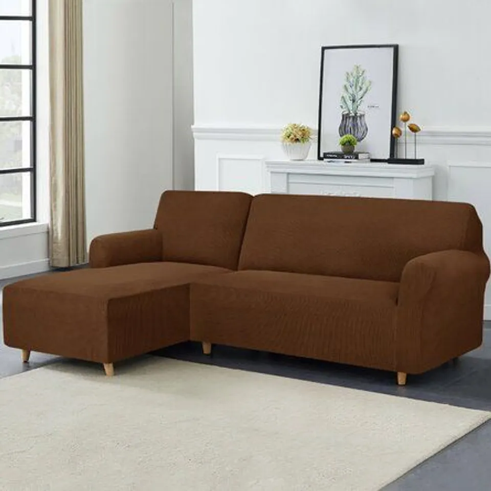 SOFT STRETCHY LEFT CHAISE L-SHAPED BOX CUSHION BROWN SLIPCOVER