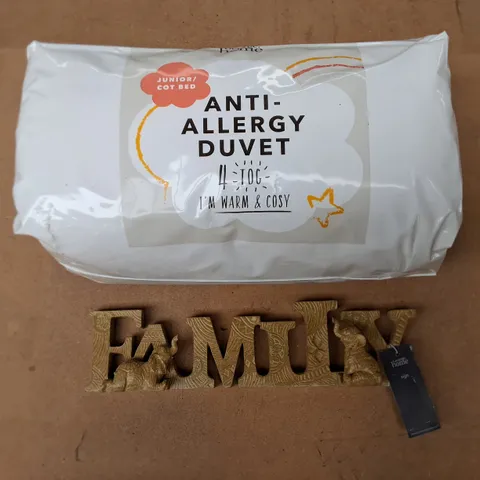 PALLET OF A LARGE ASSORTED AMOUNT OF PRODUCTS TO INCLUDE - ANTI-ALLERGY DUVET 4 TOG JUNIOR/COT BED & FAMILY ELEPHANT SIGN  - COLLECTION ONLY