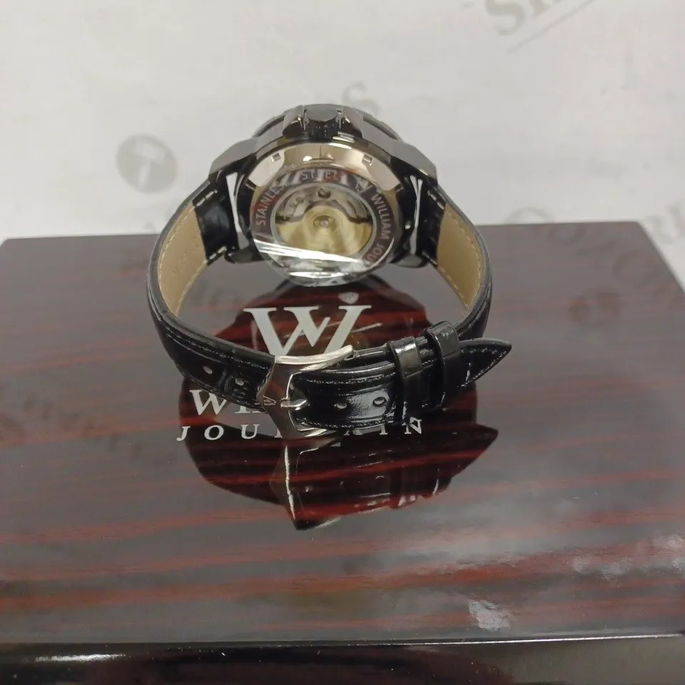 MENS WILLIAM JOURDAIN AUTOMATIC 2580 WATCH – OPEN HEART MOVEMENT WITH SUB DIALS – GLASS EXHIBITION BACK CASE – BLACK GENUINE LEATHER STRAP