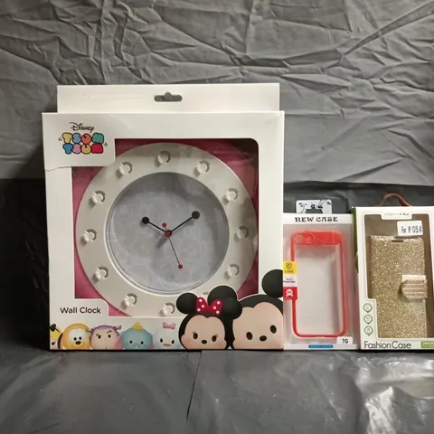 BOX OF APPROXIMATELY 20 ASSORTED HOUSEHOLD ITEMS TO INCLUDE DISNEY WALL CLOCK, PHONE CASES FOR VARIOUS MAKES AND MODELS, ETC - COLLECTION ONLY