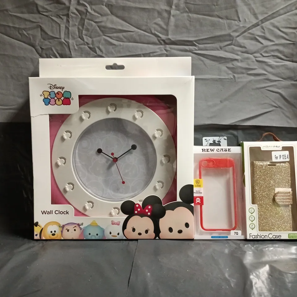BOX OF APPROXIMATELY 20 ASSORTED HOUSEHOLD ITEMS TO INCLUDE DISNEY WALL CLOCK, PHONE CASES FOR VARIOUS MAKES AND MODELS, ETC - COLLECTION ONLY