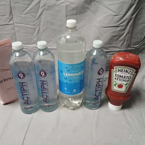 NINE ASSORTED PRODUCTS TO INCLUDE; HEINZ TOMATO KETCHUP, CLASSIC LEMONADE AMAZON, ACTIPH AKALINE IONISED WATER AND VIVE PROTEIN BARS